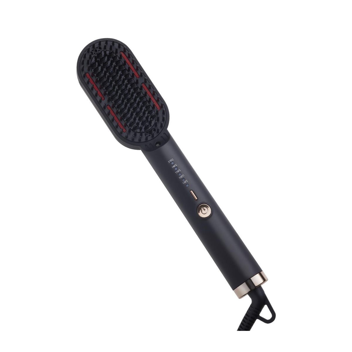 Morphy Richards Estella Hair Straightener Brush in black, showing the bristled head, temperature indicator lights, power button and cord