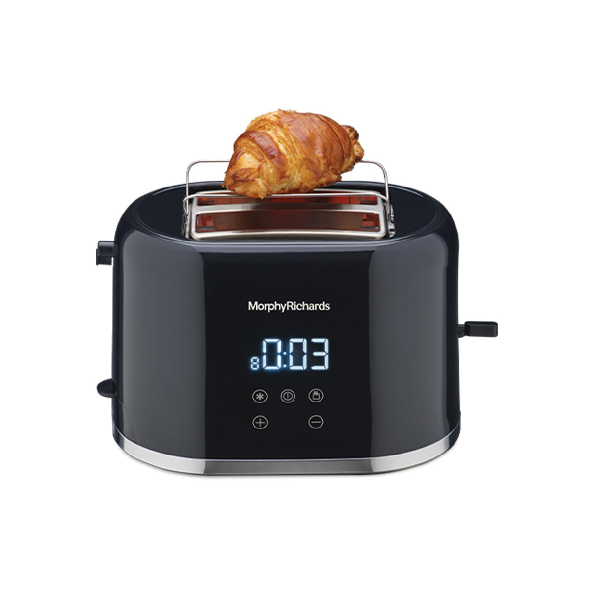 Morphy Richards 370071 Windsor Series black 2-slice digital toaster with a croissant on the warming rack and the display showing 0:03