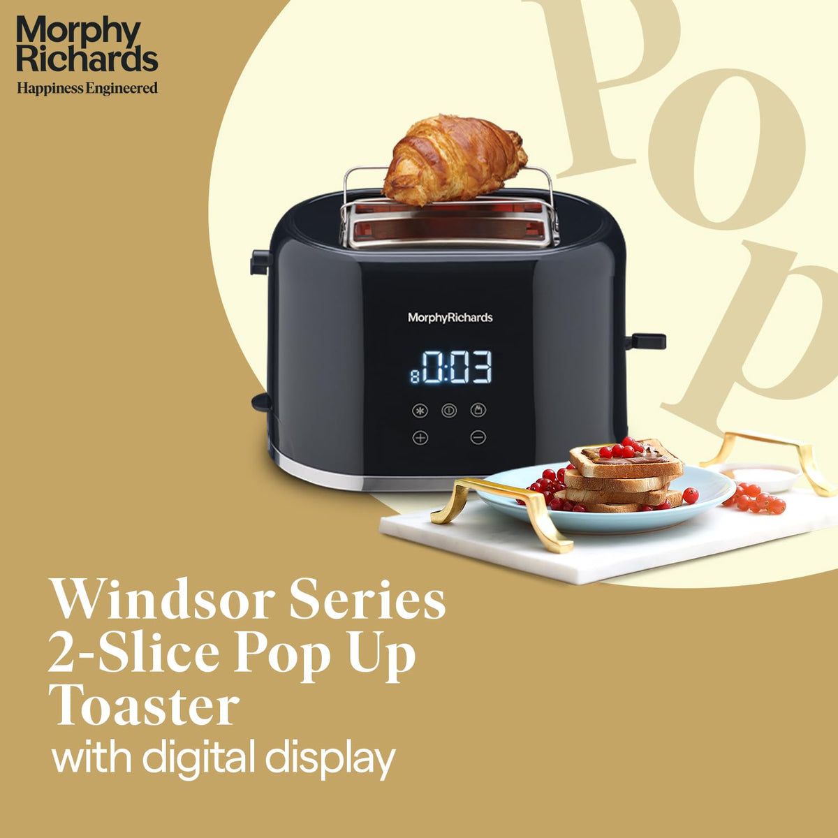Morphy Richards 370071 Windsor Series 2-slice pop-up toaster with digital display, shown with a plate of toast and berries