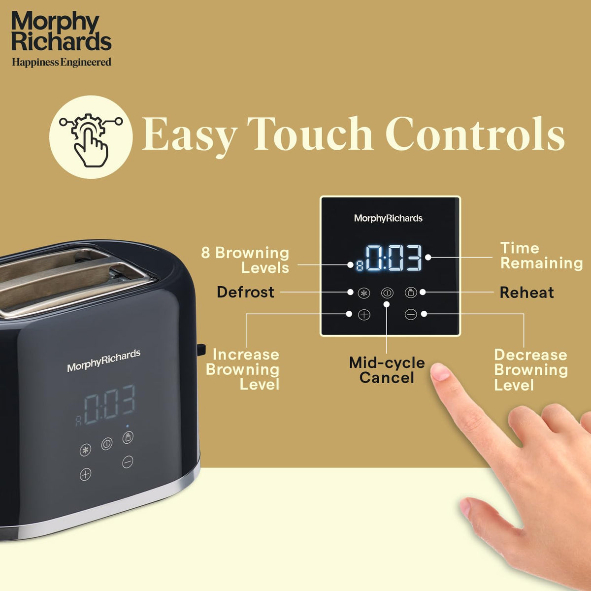 Morphy Richards 370071 toaster touch controls labelled: 8 browning levels, defrost, reheat, mid-cycle cancel, browning level adjustment and time remaining