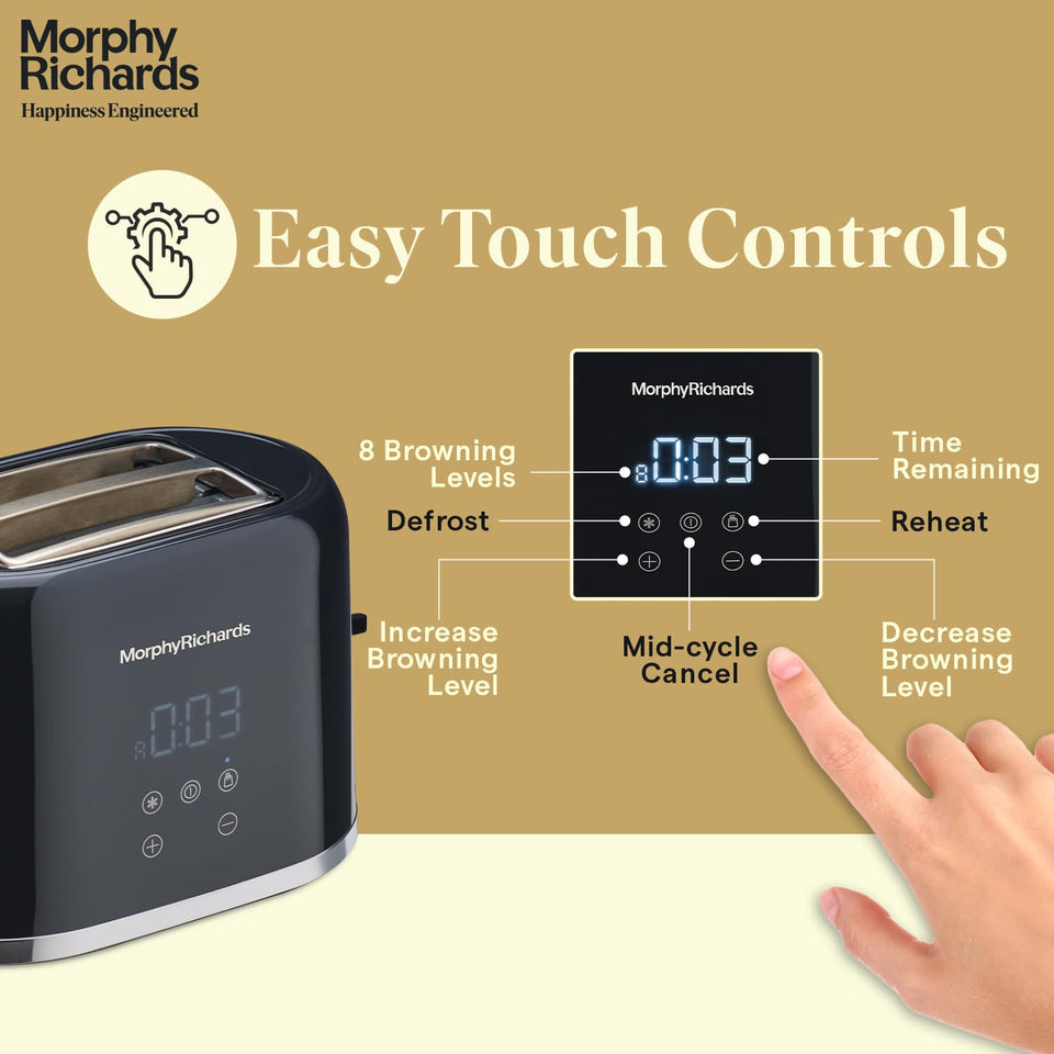 Morphy Richards 370071 toaster touch controls labelled: 8 browning levels, defrost, reheat, mid-cycle cancel, browning level adjustment and time remaining