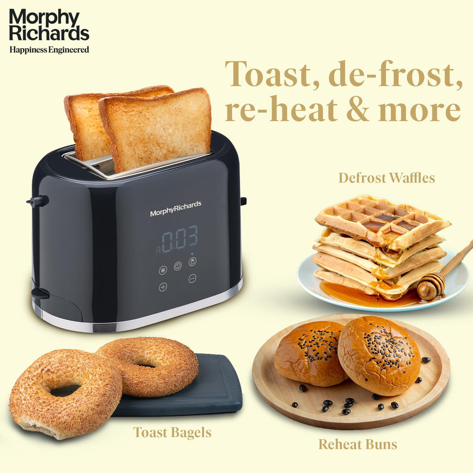 Morphy Richards 370071 toaster with toast, shown with waffles to defrost, buns to reheat and bagels to toast