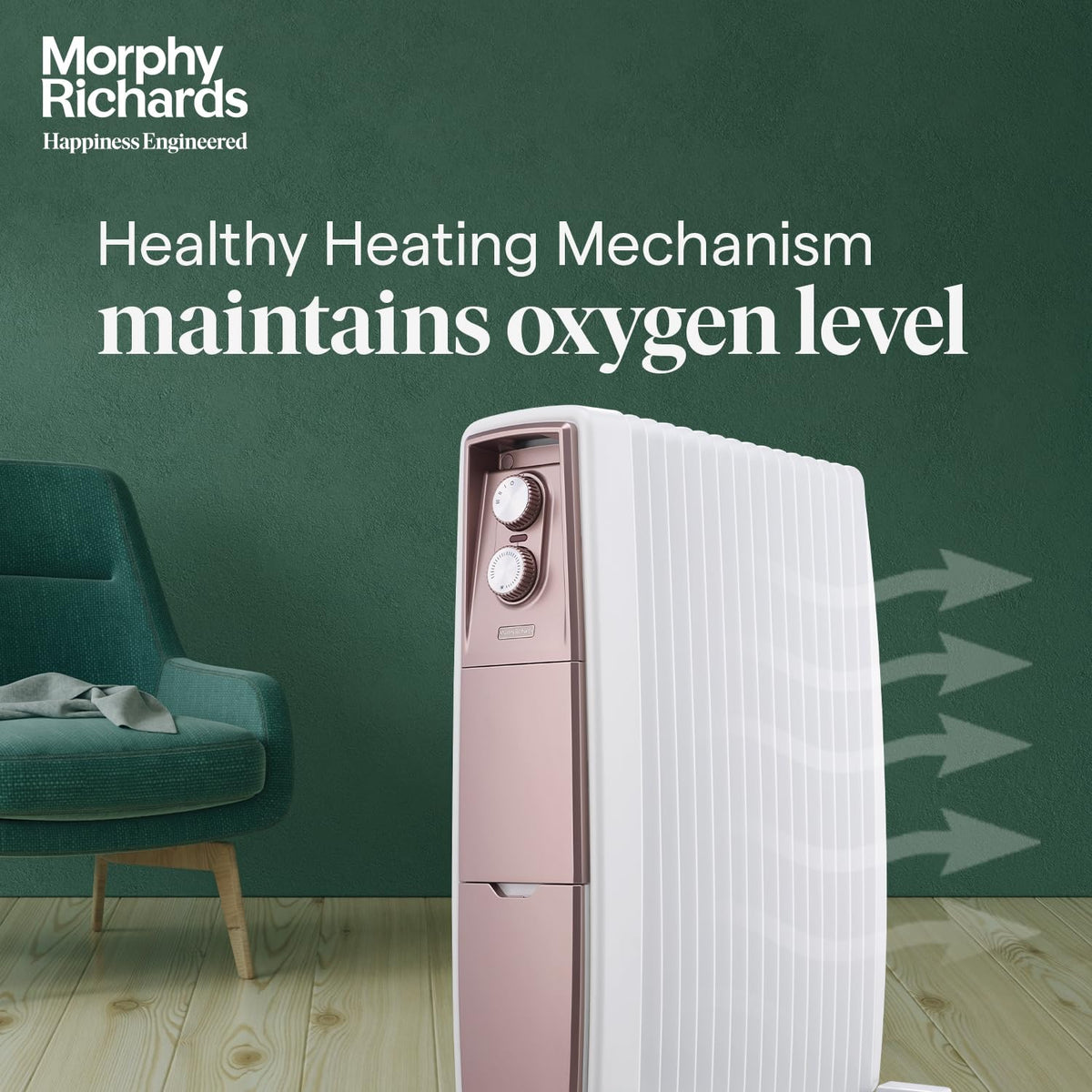Morphy Richards 290019 Thermocore XR radiator beside a green armchair with arrows showing heat flow and a healthy heating message