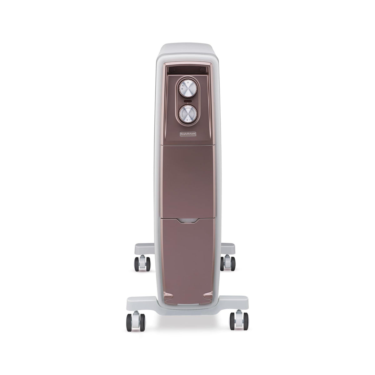 Front view of Morphy Richards 290019 Thermocore XR oil free radiator in white and rose gold with two analog dials and castor wheels