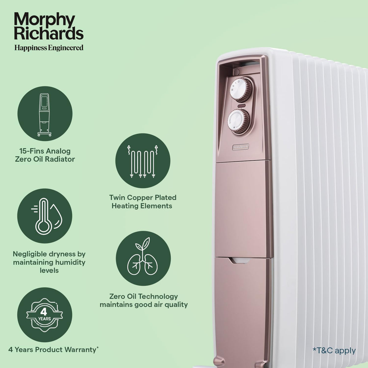 Morphy Richards 290019 Thermocore XR close-up with feature icons for 15 fins, twin copper plated elements, humidity and 4-year warranty
