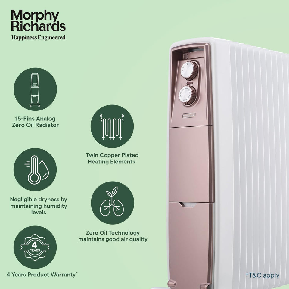 Morphy Richards 290019 Thermocore XR close-up with feature icons for 15 fins, twin copper plated elements, humidity and 4-year warranty