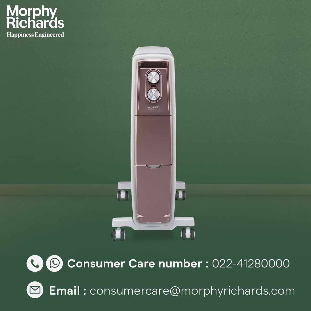 Front view of Morphy Richards 290019 Thermocore XR radiator on a green background with consumer care contact details