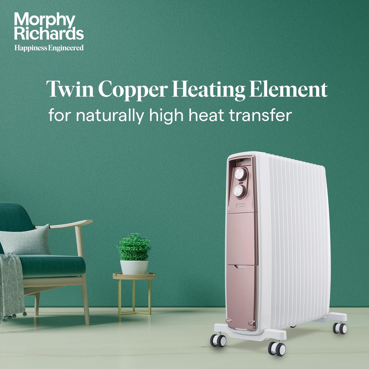 Morphy Richards 290019 Thermocore XR radiator in a living room setting with a twin copper heating element message