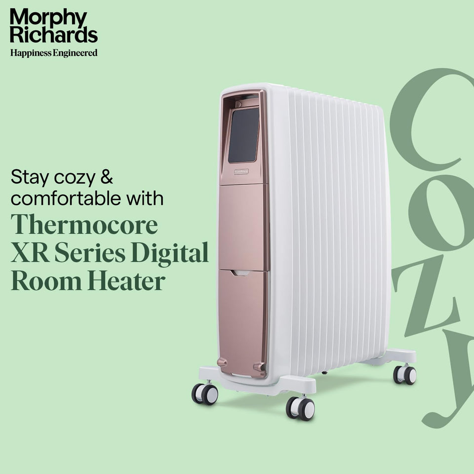Morphy Richards 290020 Thermocore XR digital room heater at an angle on a green background with Stay cozy and comfortable text