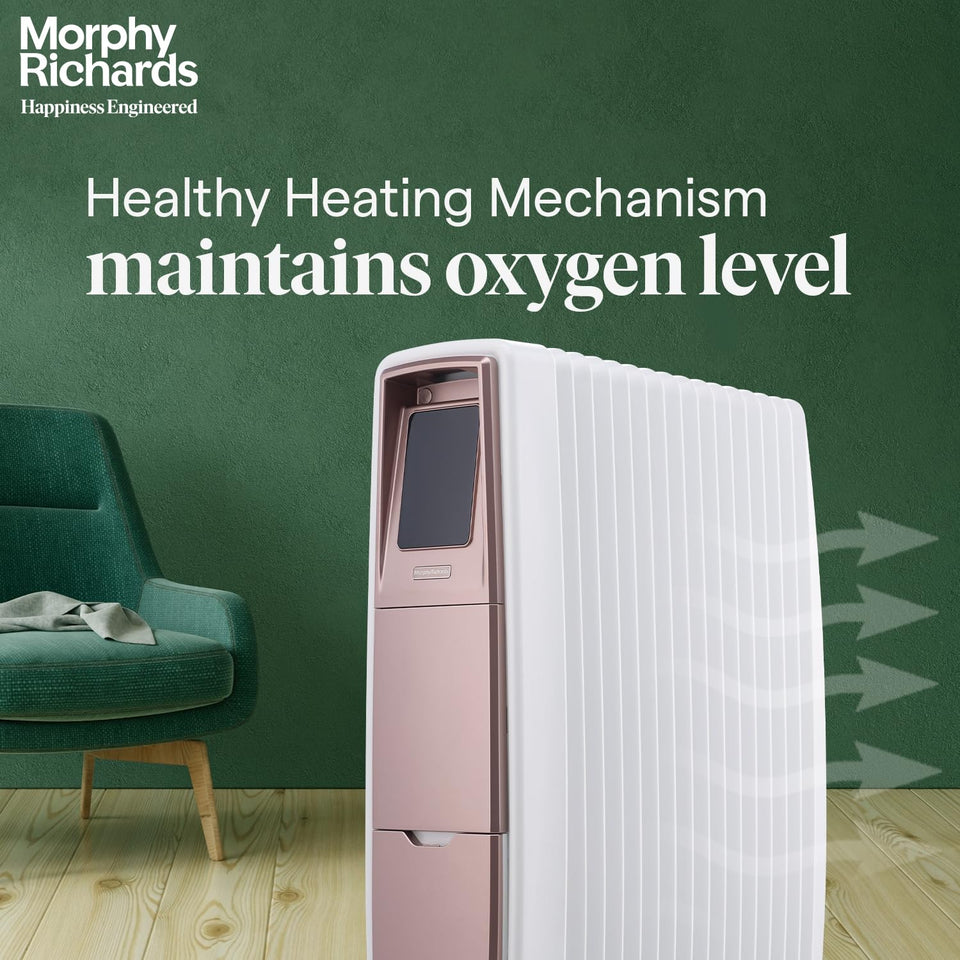 Morphy Richards 290020 Thermocore XR radiator beside a green armchair with healthy heating mechanism text and warm air arrows
