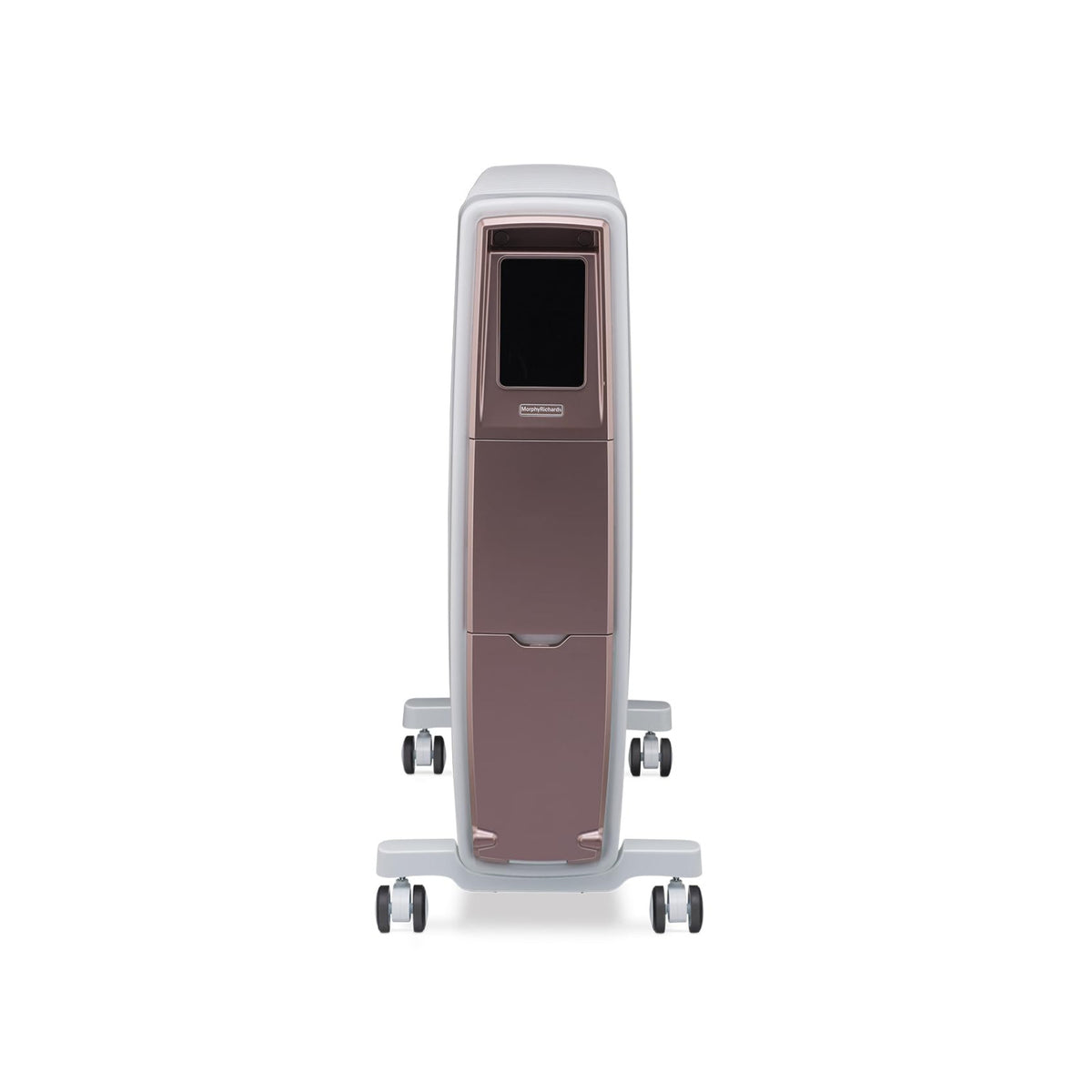 Morphy Richards 290020 Thermocore XR oil free radiator in white and rose gold, front view on castor wheels