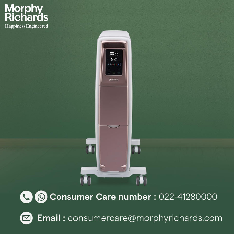 Front view of Morphy Richards 290020 Thermocore XR showing the touch screen digital display, with Consumer Care contact details