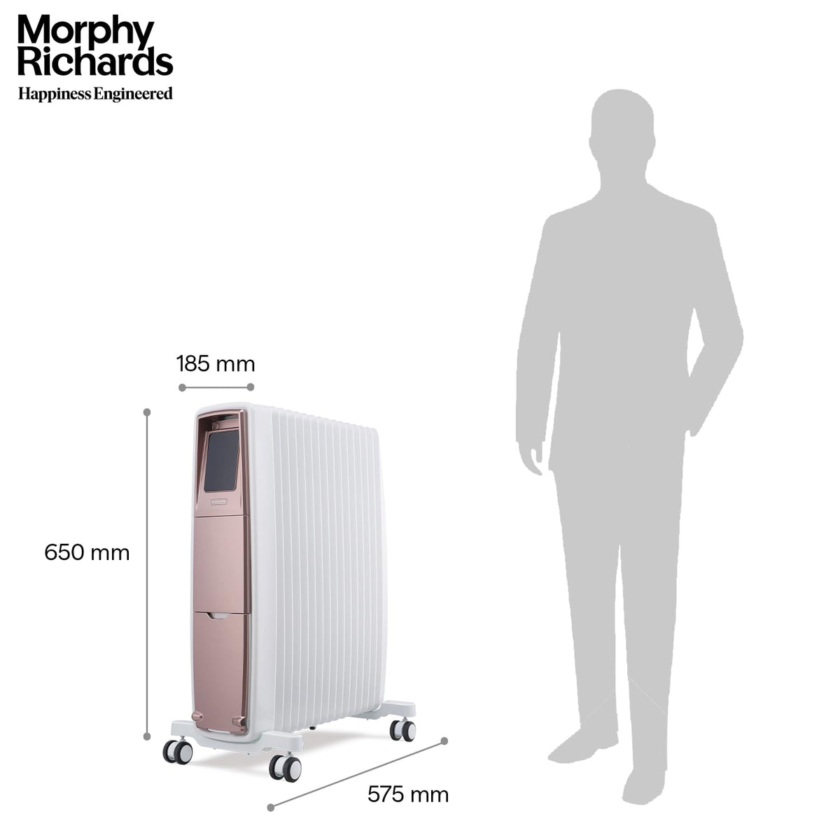 Morphy Richards 290020 Thermocore XR dimensions of 185 mm, 650 mm and 575 mm shown beside a human silhouette for scale