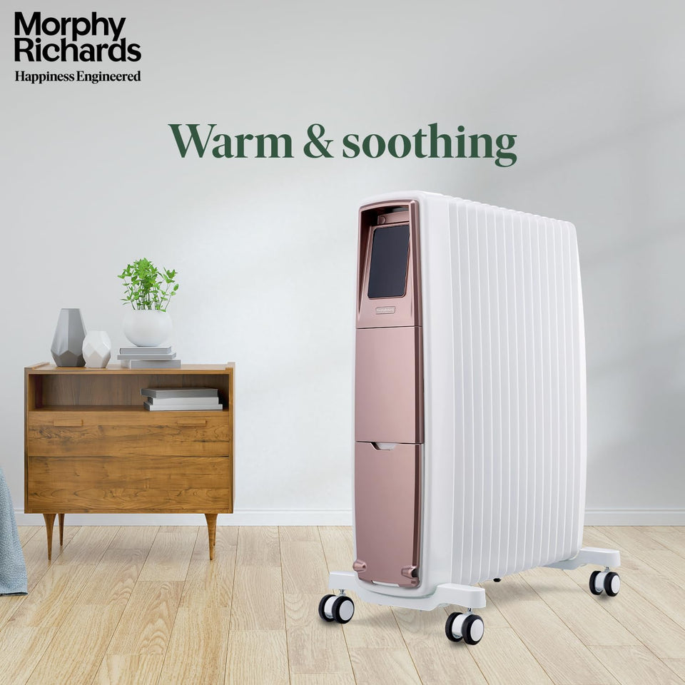 Morphy Richards 290020 Thermocore XR radiator in a living room next to a wooden sideboard with Warm and soothing text