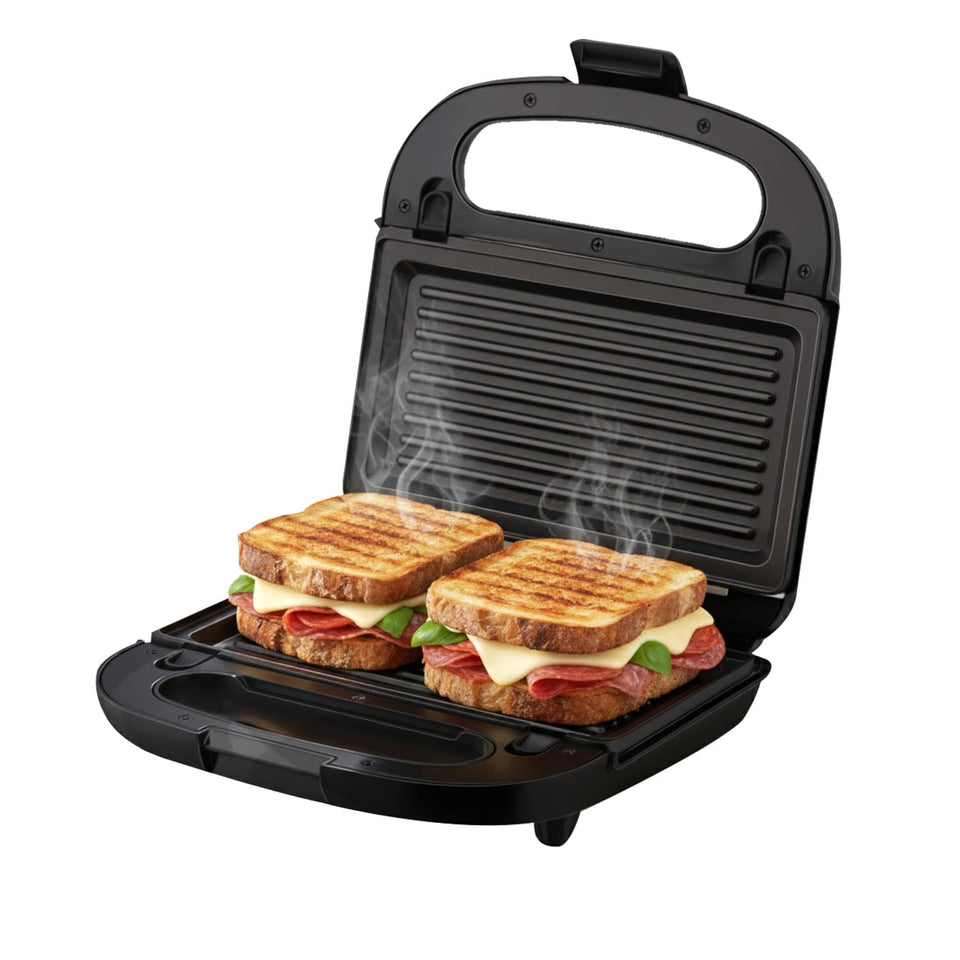 Morphy Richards Luxe Rose (T&G) open with two grilled cheese and salami sandwiches on the ribbed plates