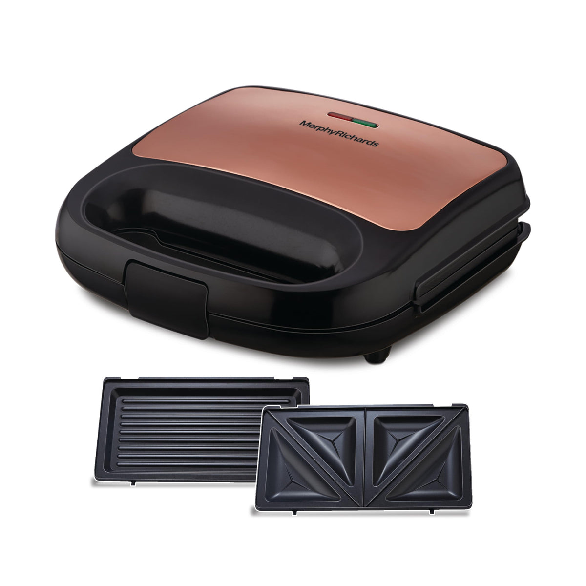 Morphy Richards Luxe Rose (T&G) sandwich maker in rose gold and black with its grill plate and triangle toast plate shown below