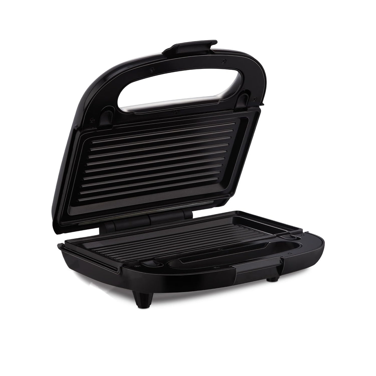 Morphy Richards Luxe Rose (T&G) sandwich maker open, showing the black ribbed grill plates and anti-skid feet