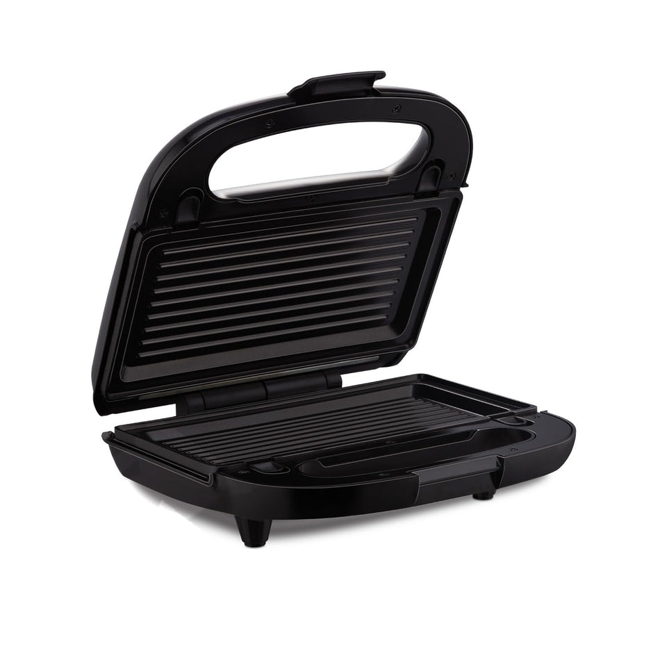 Morphy Richards Luxe Rose (T&G) sandwich maker open, showing the black ribbed grill plates and anti-skid feet
