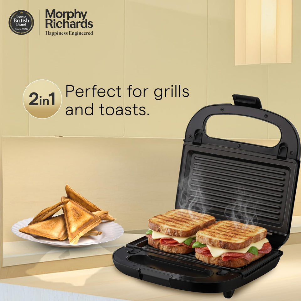 Morphy Richards Luxe Rose (T&G) 2 in 1 with grilled sandwiches on the plates and toasted triangle sandwiches on a plate beside it