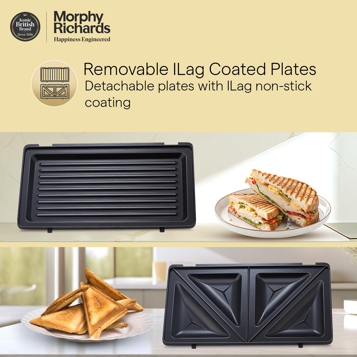 Removable Ilag coated grill plate and triangle toast plate of the Morphy Richards Luxe Rose (T&G) with sample sandwiches