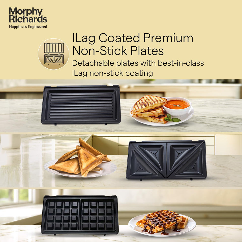 Morphy Richards 370070 grill, toast and waffle detachable non-stick plates shown with the foods each makes