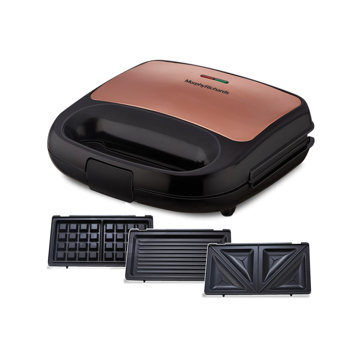 Morphy Richards 370070 rose gold and black sandwich maker with its waffle, grill and toast plates laid out in front