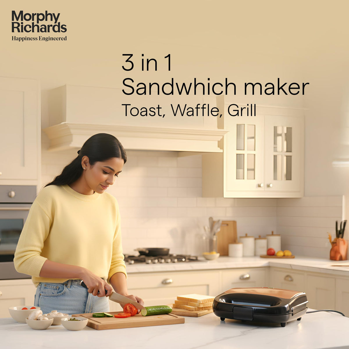 Morphy Richards 370070 3-in-1 sandwich maker on a kitchen counter with a woman chopping vegetables beside it