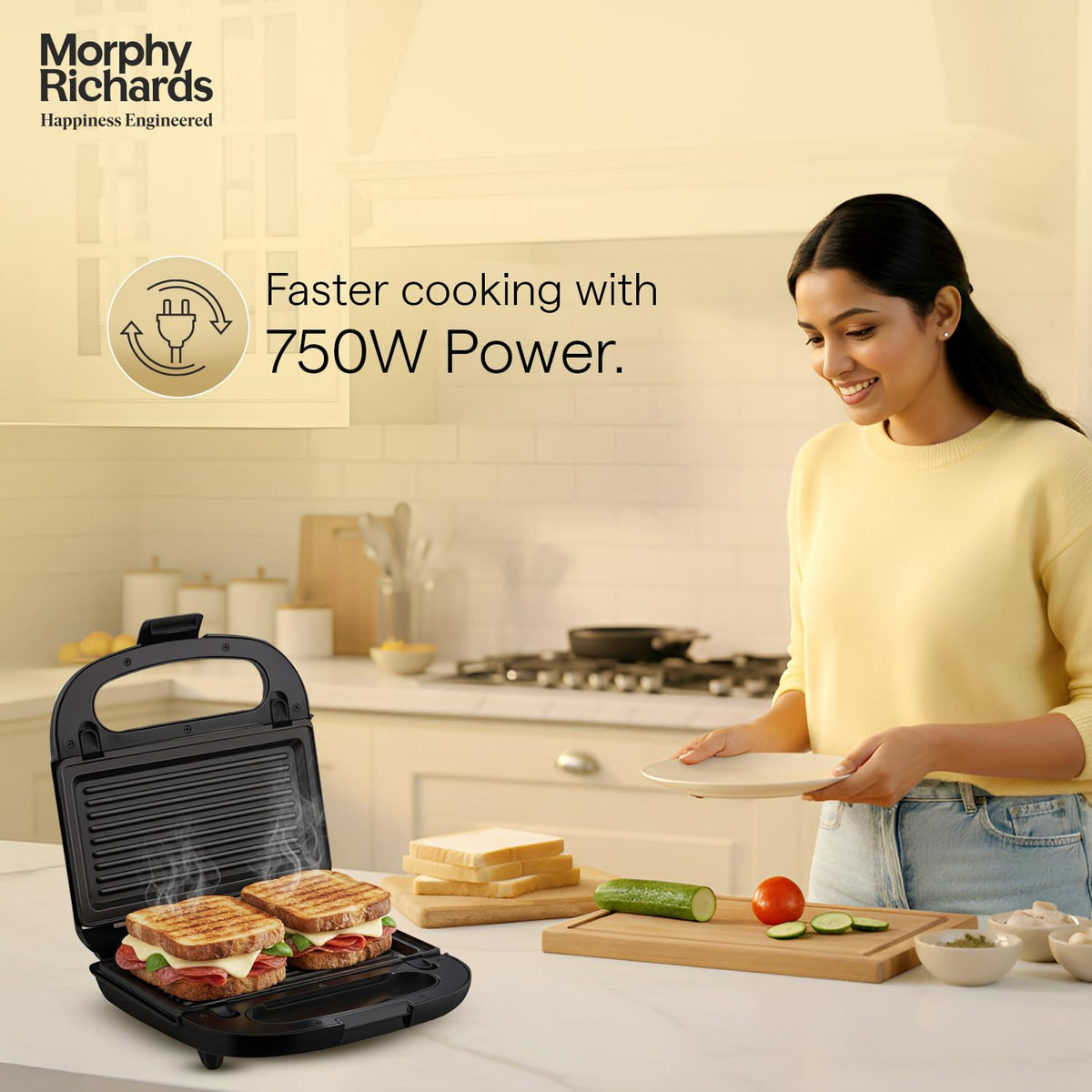 Morphy Richards 370070 sandwich maker with two grilled sandwiches and a 750 W power callout in a kitchen