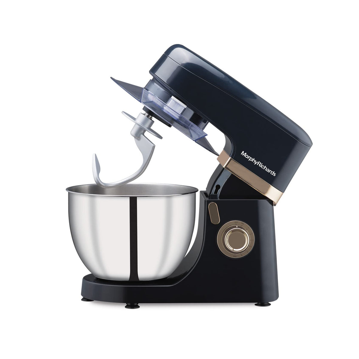 Morphy Richards 400406 Melange stand mixer in navy blue and rose gold with the head tilted back, dough hook attached and steel bowl in front