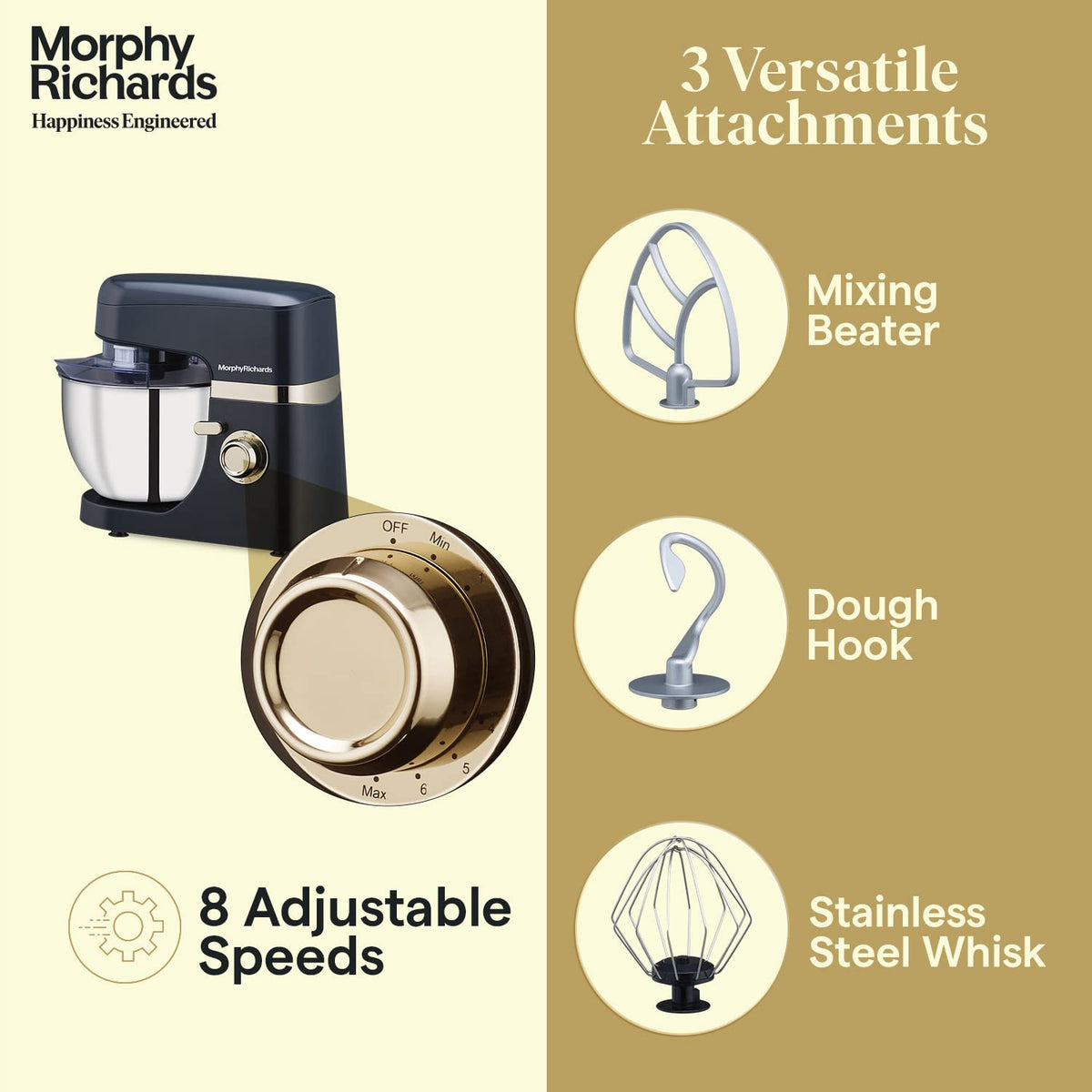 Morphy Richards 400406 Melange stand mixer with a close-up of the 8-speed dial and the mixing beater, dough hook and stainless steel whisk