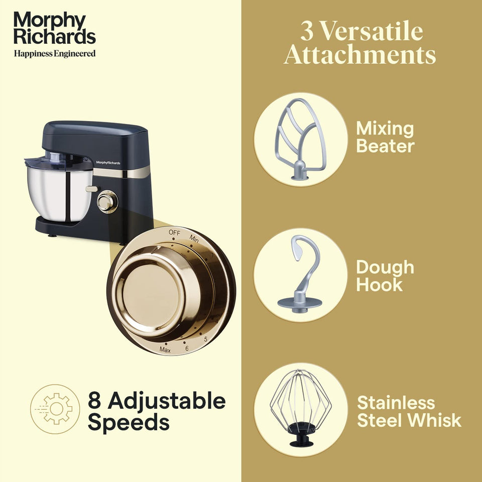 Morphy Richards 400406 Melange stand mixer with a close-up of the 8-speed dial and the mixing beater, dough hook and stainless steel whisk