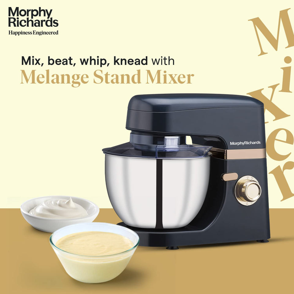 Morphy Richards 400406 Melange stand mixer with its bowl lid on, beside bowls of whipped cream and batter, with the text Mix, beat, whip, knead
