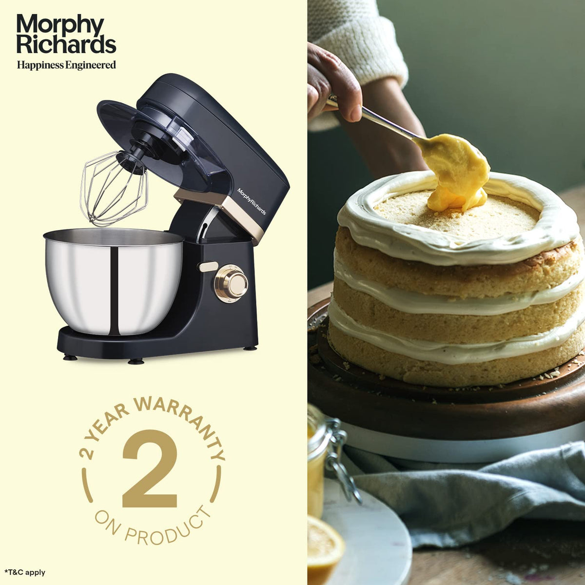 Morphy Richards 400406 Melange stand mixer with a 2-year warranty badge beside a layered cake being filled with custard