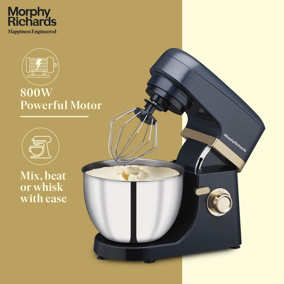 Morphy Richards 400406 Melange stand mixer with whisk attached over a bowl of whipped cream, with an 800W powerful motor callout