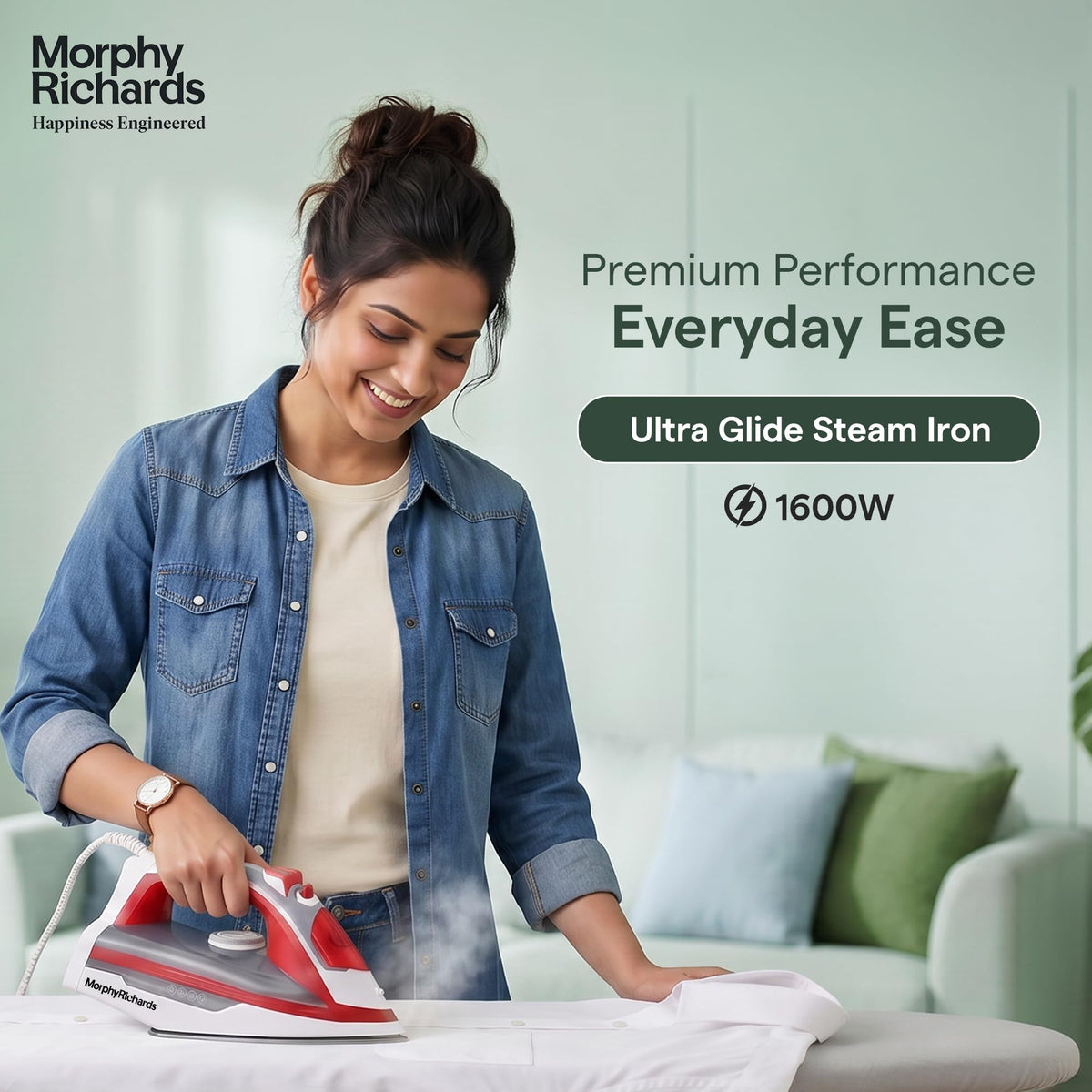 Woman ironing a white shirt with the Morphy Richards MR Ultra Glide Steam Iron 1600W, with steam rising