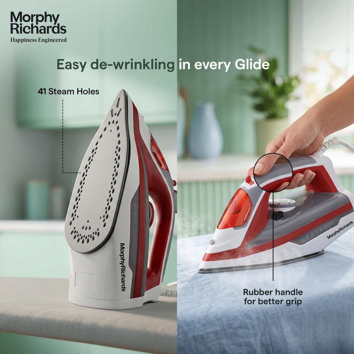 Morphy Richards MR Ultra Glide Steam Iron soleplate showing 41 steam holes, and the rubber handle held in hand