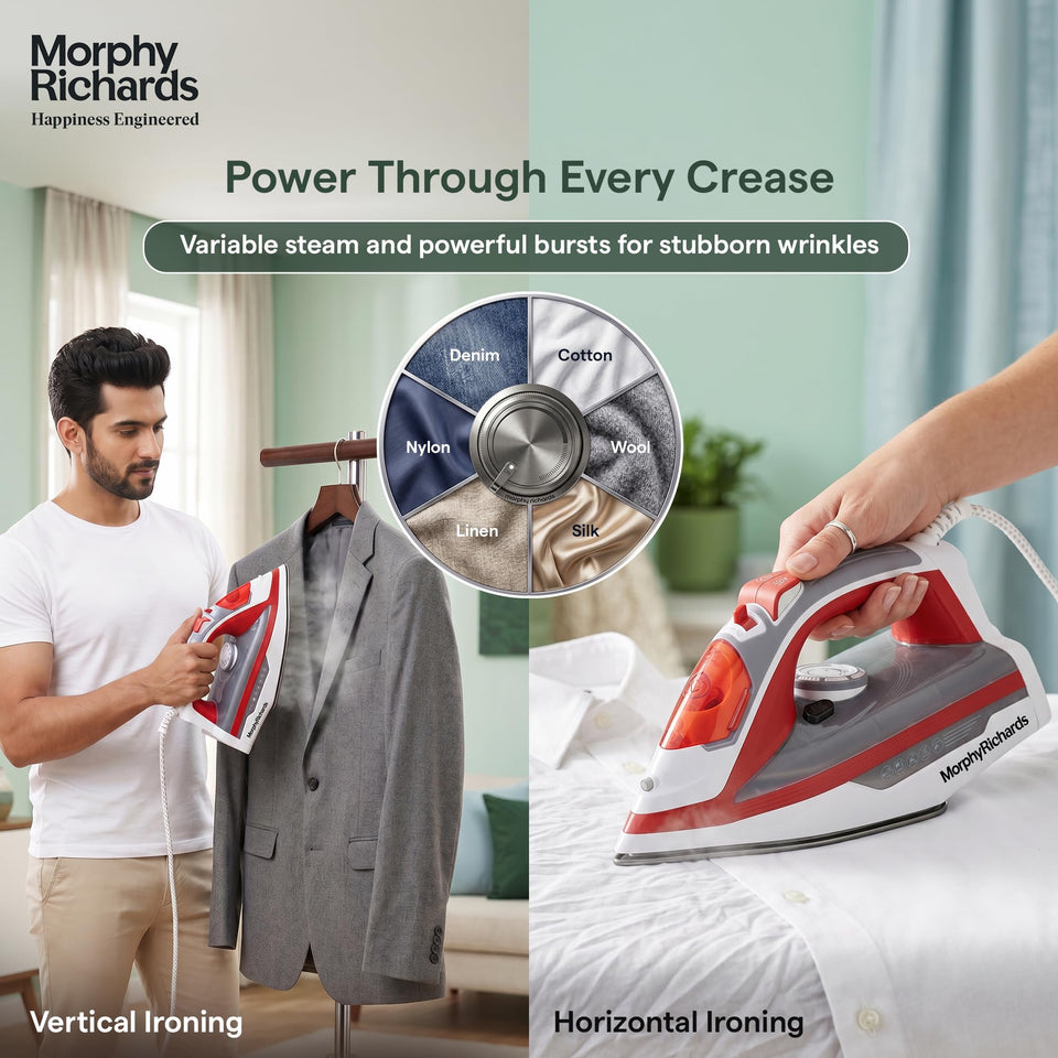 Morphy Richards MR Ultra Glide Steam Iron used for vertical ironing on a jacket and horizontal ironing on a shirt, with fabric dial