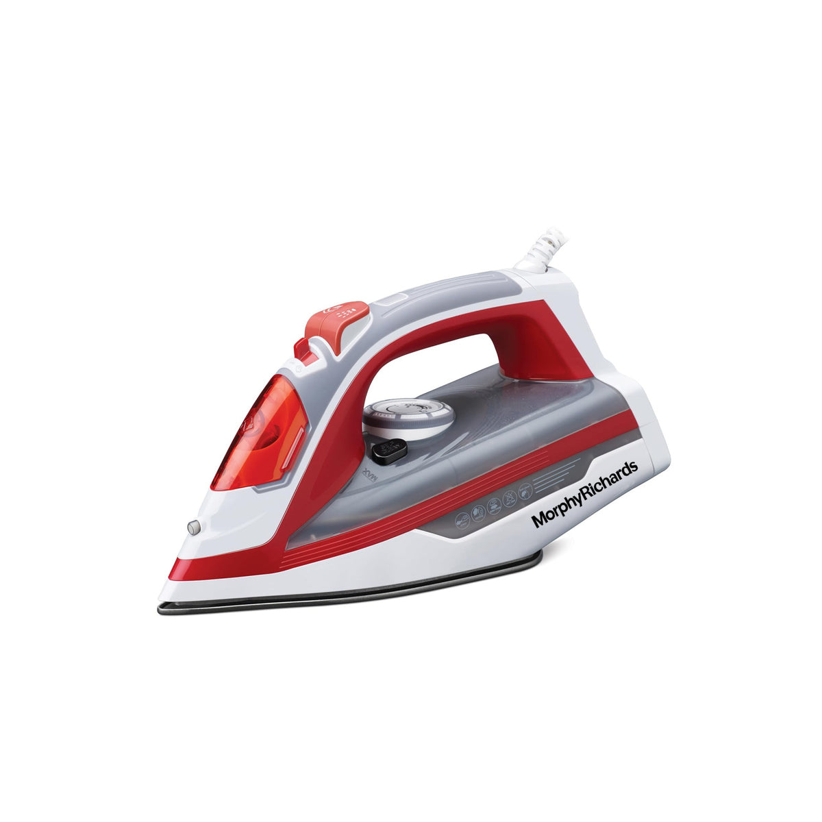 Morphy Richards MR Ultra Glide Steam Iron 1600W in red, white and grey, side view on a white background