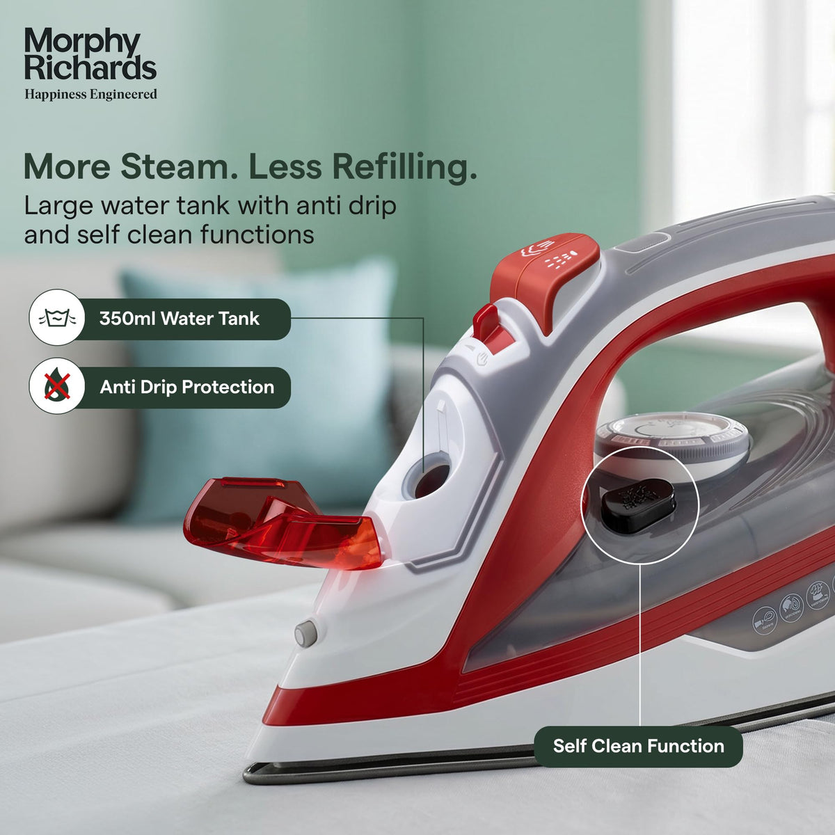 Close-up of Morphy Richards MR Ultra Glide Steam Iron showing the 350 ml water tank, anti-drip protection and self-clean function