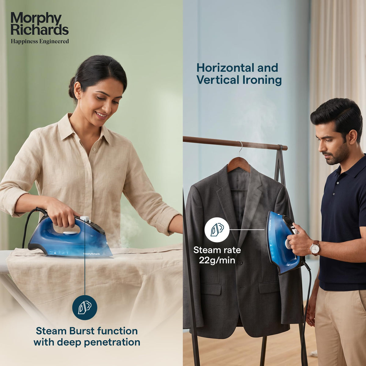 Morphy Richards Turbo Blaze steam iron used for steam burst on a board and vertical steaming of a jacket