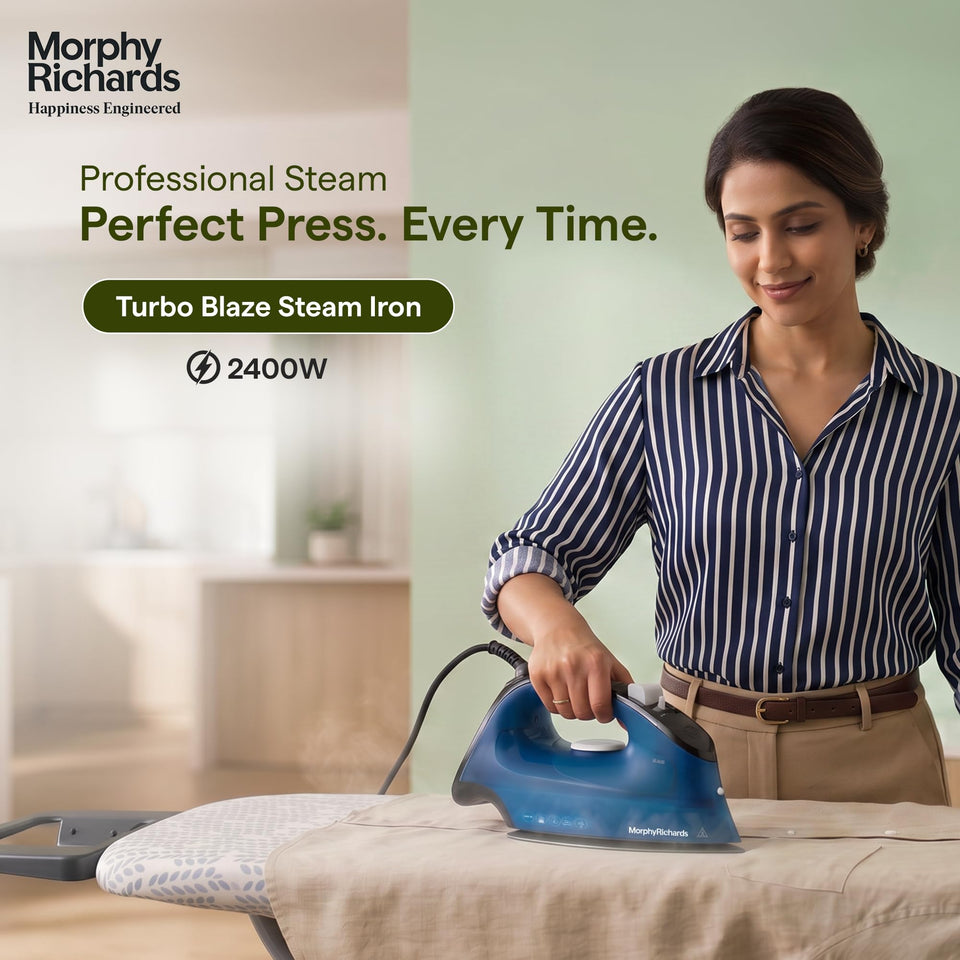 Woman ironing a shirt on a board with the Morphy Richards Turbo Blaze 2400 W steam iron