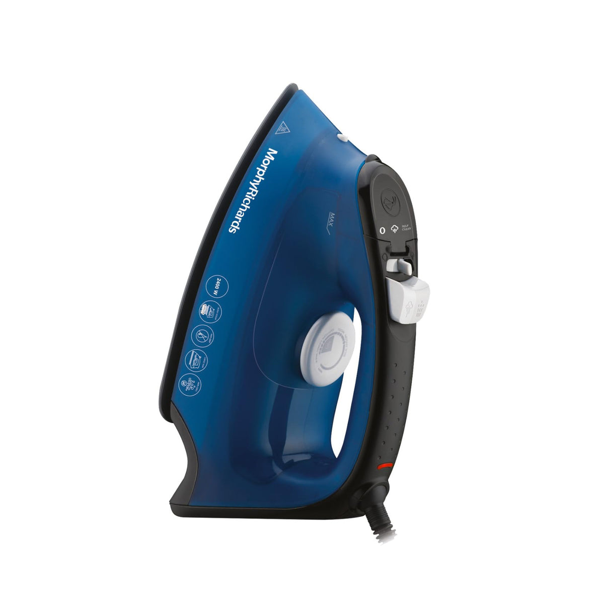Morphy Richards Turbo Blaze 2400 W steam iron in blue and black, side view on white background