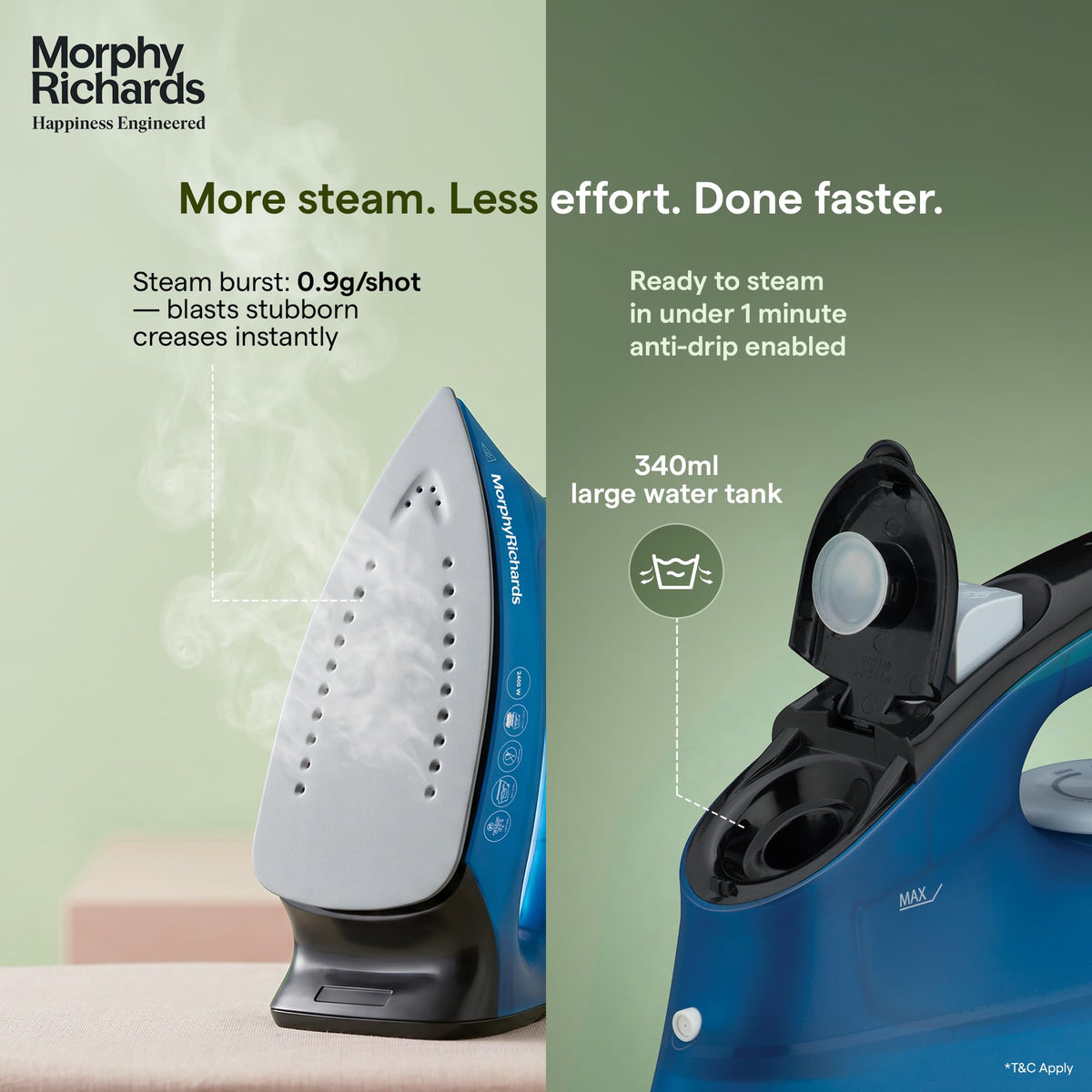 Morphy Richards Turbo Blaze iron soleplate with steam burst and open 340 ml water tank