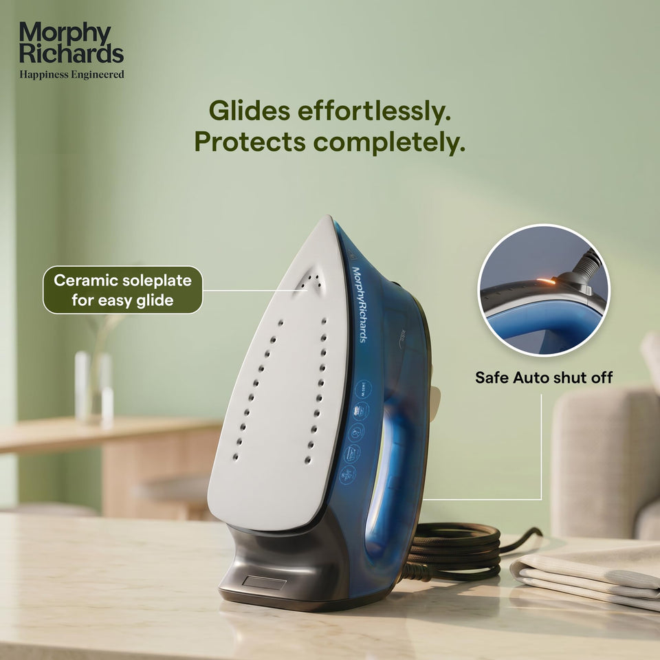 Morphy Richards Turbo Blaze iron showing ceramic soleplate and safe auto shut-off indicator