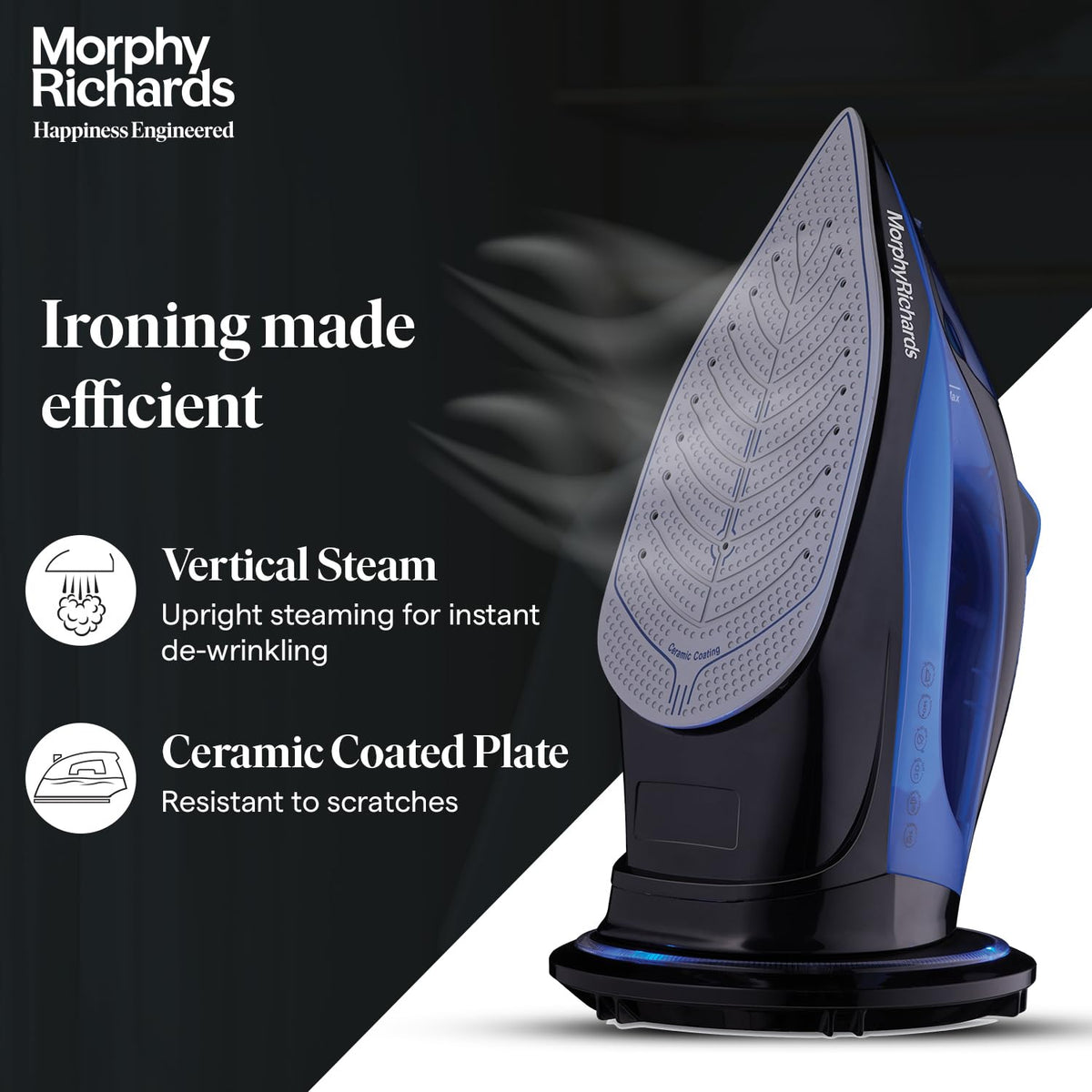 Morphy Richards Cordless Steam Ease iron showing its ceramic coated soleplate with vertical steam and scratch resistance callouts