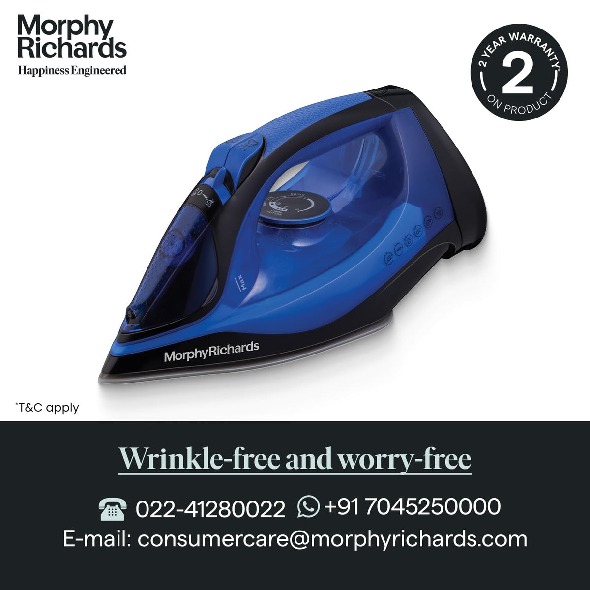 Morphy Richards Cordless Steam Ease 2200W iron with a 2 year warranty badge and customer care details