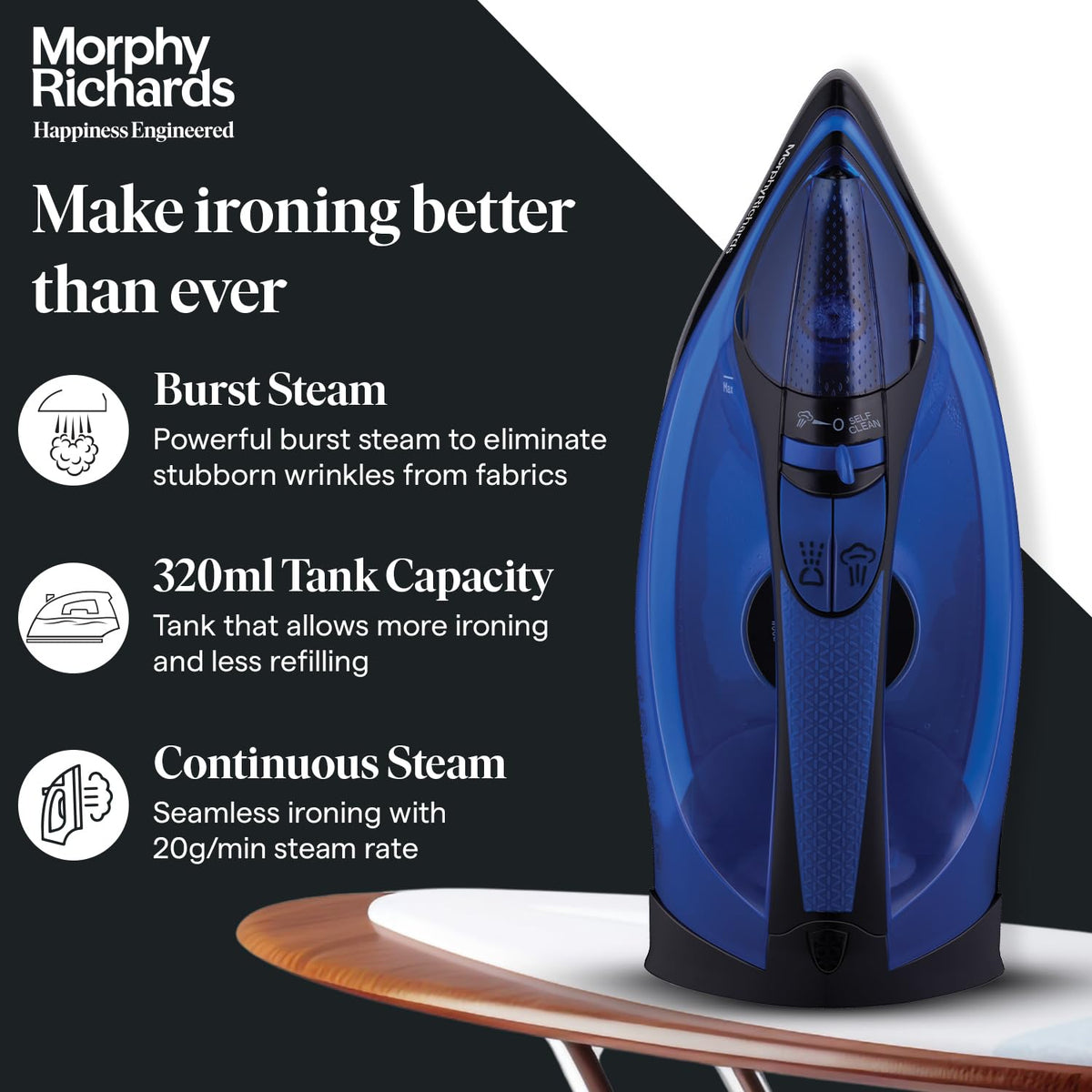 Front view of the Morphy Richards Cordless Steam Ease iron with burst steam, 320 ml tank and 20 g/min continuous steam callouts