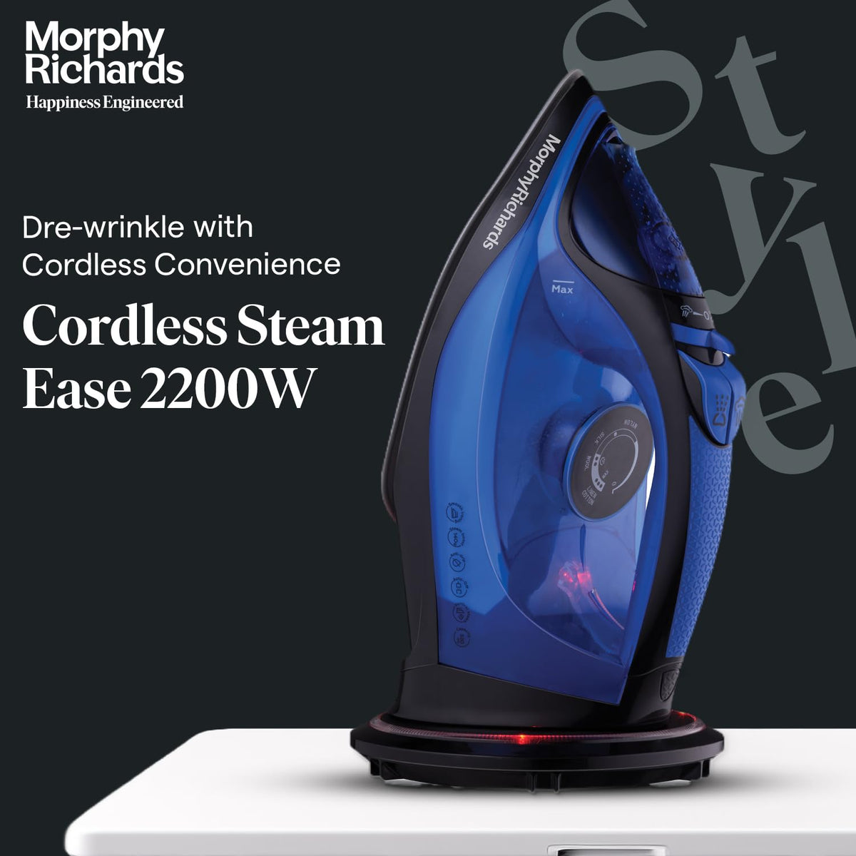 Morphy Richards Cordless Steam Ease 2200W iron standing upright on its illuminated base with the 2200W cordless steam headline