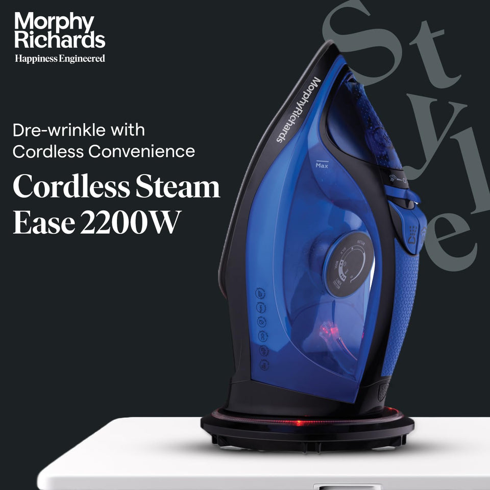 Morphy Richards Cordless Steam Ease 2200W iron standing upright on its illuminated base with the 2200W cordless steam headline