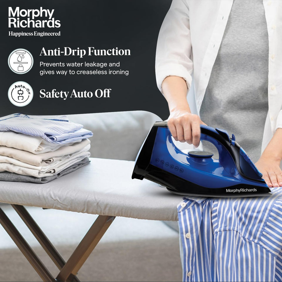 Morphy Richards Cordless Steam Ease iron in use on an ironing board with anti-drip and safety auto-off callouts